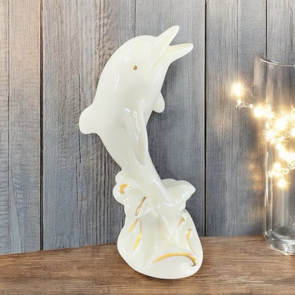 Lenox Dolphin Figurine 24K Gold Accents Wave Standing Figurine Porcelain Vintage - Picture 1 of 13